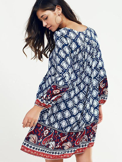 Beautiful Blue Bohemia Long Sleeve Round Neck Beach Mini Dress