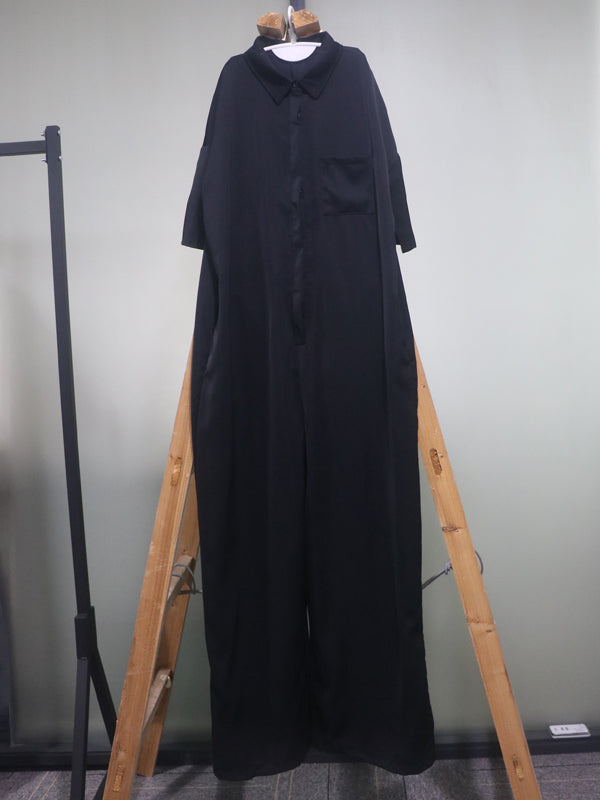 Casual Solid Color Buttoned Lapel Collar Half Sleeves Wide Leg Jumpsuits