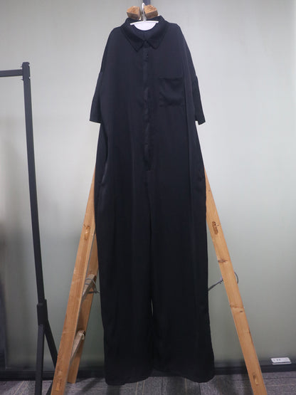 Casual Solid Color Buttoned Lapel Collar Half Sleeves Wide Leg Jumpsuits