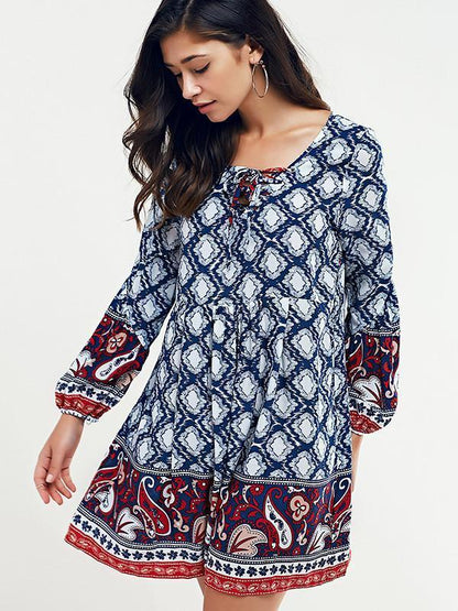 Beautiful Blue Bohemia Long Sleeve Round Neck Beach Mini Dress