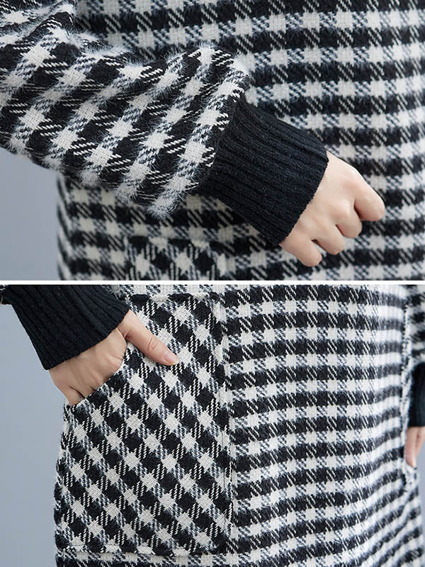 Casual Loose Plaid With Pocket High-Neck Long Sleeves Midi Dress