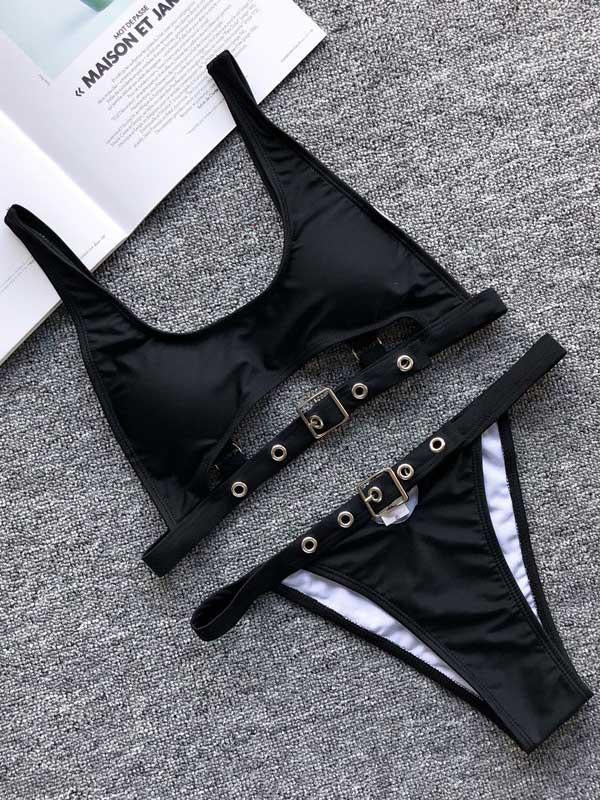 Solid Color Bandage Split Bikini Swimsuit