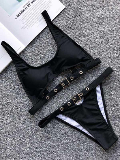 Solid Color Bandage Split Bikini Swimsuit