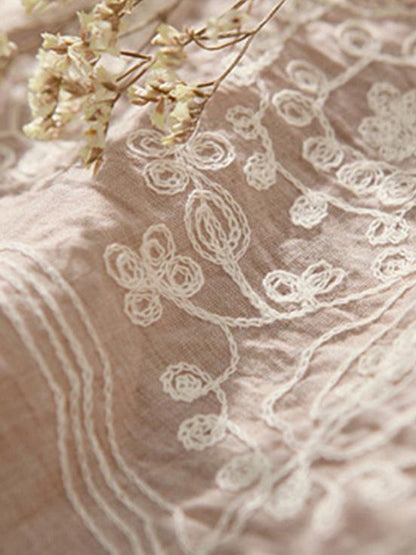 Embroidered Cropped Ramie Cotton Long Dress