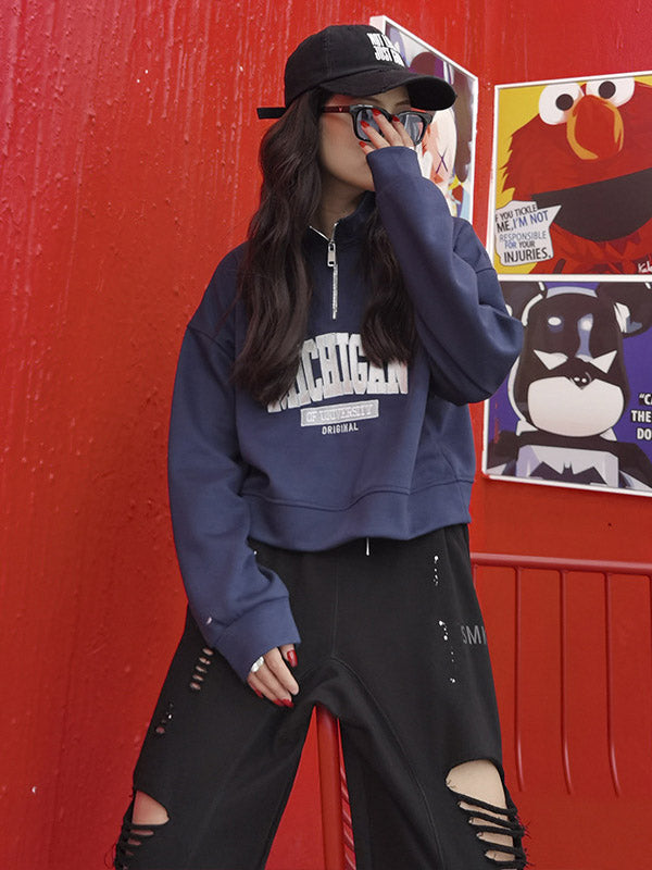 Casual Letter Printed Zipper High-Neck Long Sleeves Sweatshirts