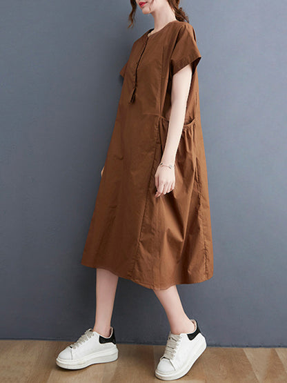 Casual Solid Color Round-Neck With Pocket Midi Dress