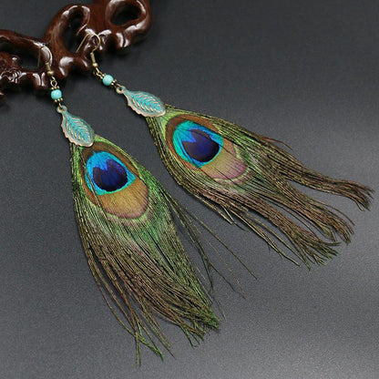 Feather earrings personality peacock hair tassel pendant retro earrings