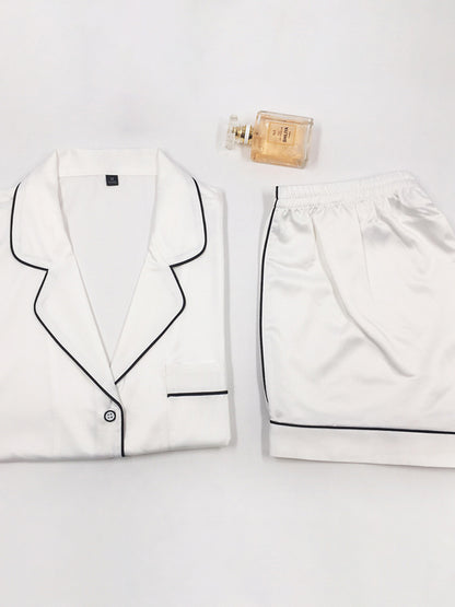 Casual Solid Color Notched Collar Short Sleeves Shirts+ Elastics Shorts Pajama