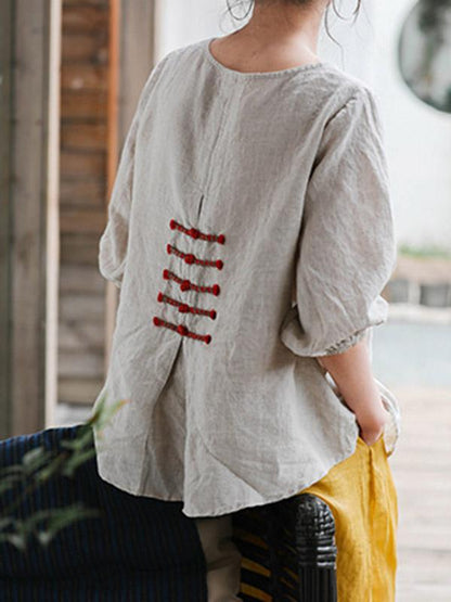 Casual Retro Linen Frog Blouses