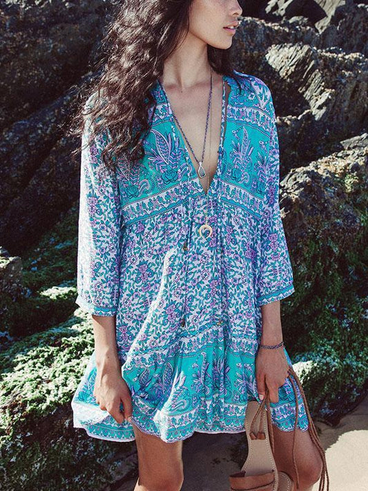 Floral V-neck Bohemia Mini Dress