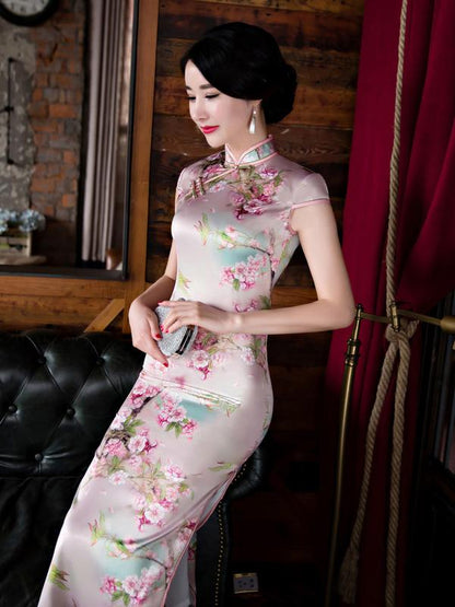 Blossom Stand Collar Long Cheongsam Dress