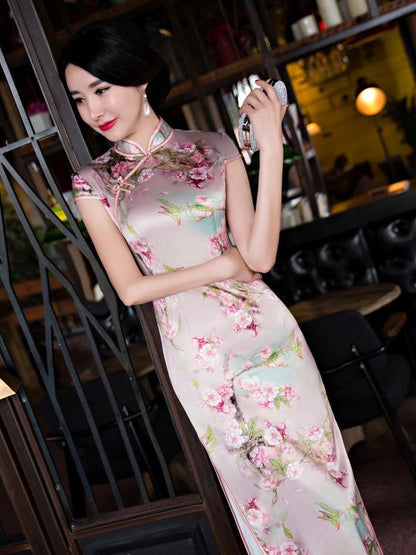 Blossom Stand Collar Long Cheongsam Dress