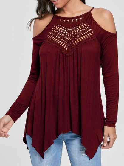 Lace Patchwork off-the-shoulder Long-sleeved Casual T-shirt