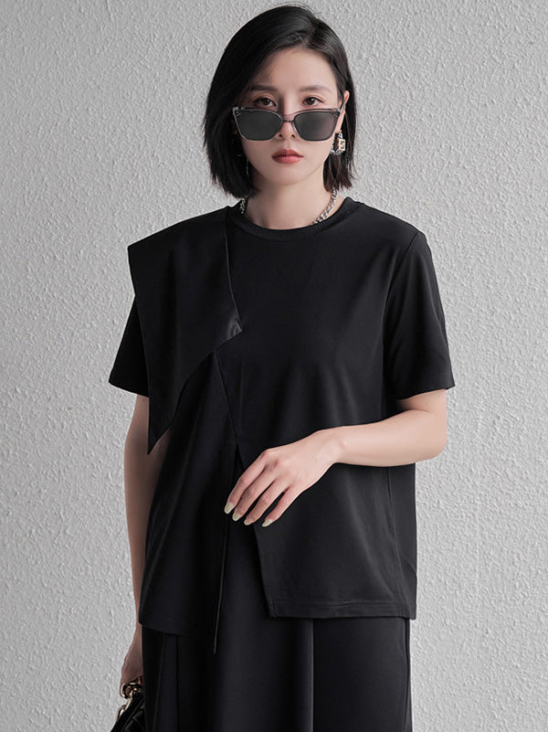 Stylish Black Split-Front Asymmetric Split-Joint Short Sleeves T-Shirts