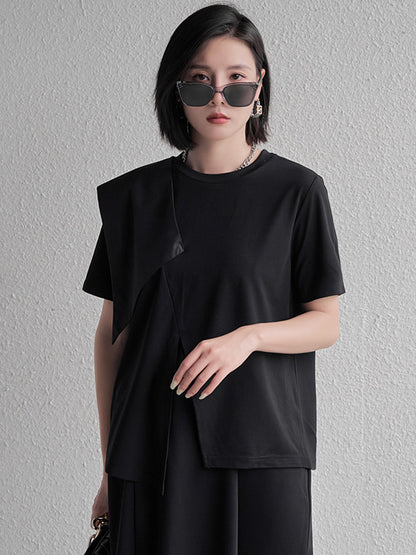 Stylish Black Split-Front Asymmetric Split-Joint Short Sleeves T-Shirts