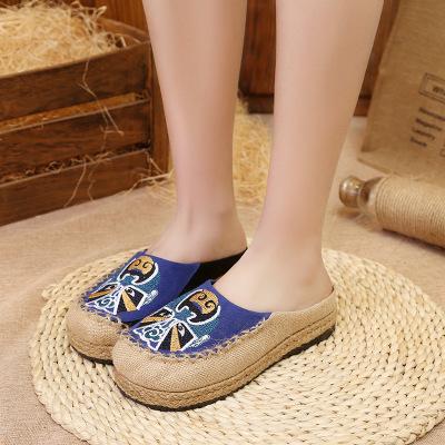 Peking Opera Mask National Wind Women's Shoes Manual Linen Straw Embroidered Slippers
