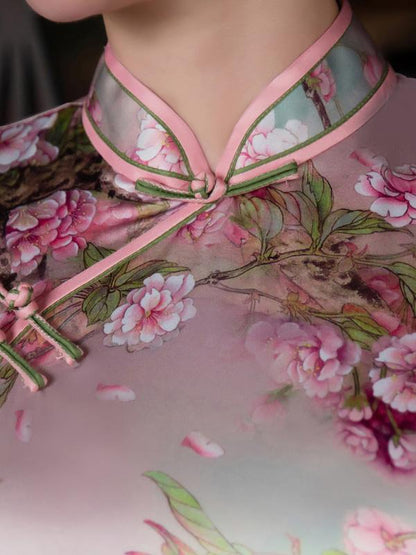 Blossom Stand Collar Long Cheongsam Dress