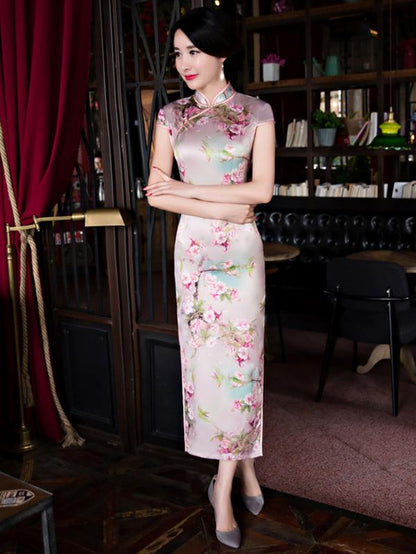 Blossom Stand Collar Long Cheongsam Dress