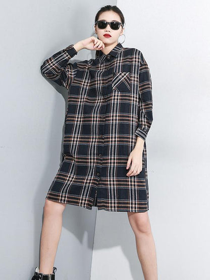 Loose Retro Lapel Plaid Shirt Dress
