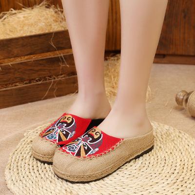 Peking Opera Mask National Wind Women's Shoes Manual Linen Straw Embroidered Slippers