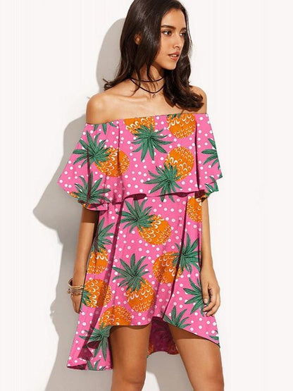 Flat Shoulder Pineapple Print Hi-low Mini Beach Dress