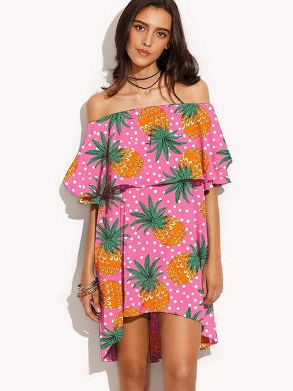 Flat Shoulder Pineapple Print Hi-low Mini Beach Dress