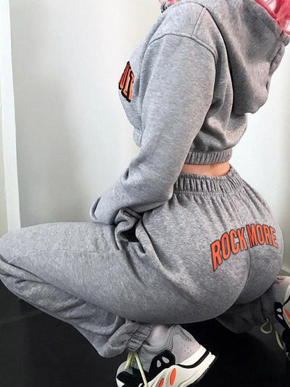 Hooded Cropped Long Sleeve Sweatershirts And Track Pants Suits
