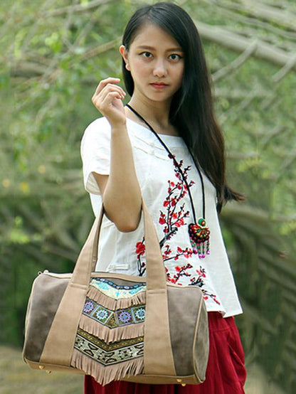 Khaki Tassels Emboridered Tote Bag