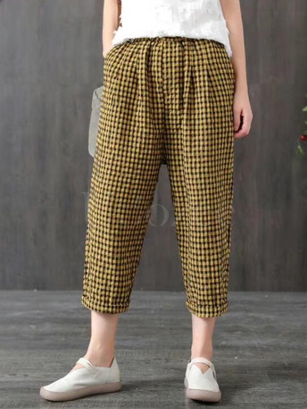 Vintage Ramie Cotton Plaid Capri Harem Pants