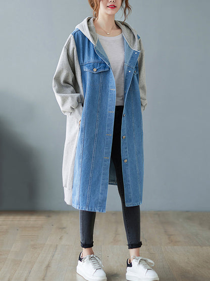 Casual Cotton Denim Split-Joint Hooded Outerwear