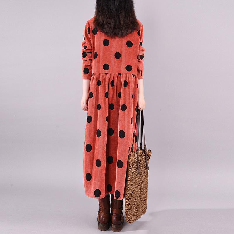 Buykud Autumn V-Neck Polka Dots Elegant Loose Dress