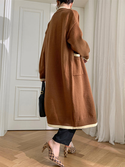 Stylish Loose Long Sleeves Split-Joint V-Neck With Pockets Cardigan Tops