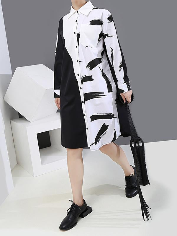 Long Split-Joint Lapel Printed Sleeve Midi Dress