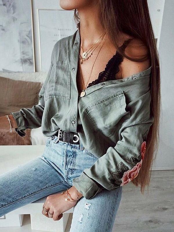 Long Sleeve Army Green Blouses&Shirts Top
