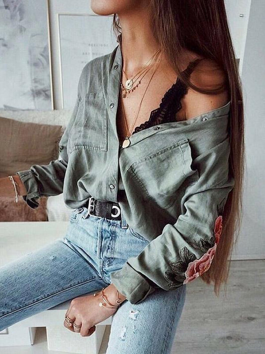 Long Sleeve Army Green Blouses&Shirts Top
