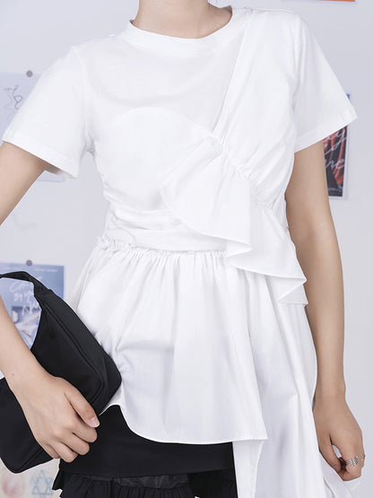 Fashion White Pleats Asymmetric Split-Joint Round-Neck T-Shirts Top