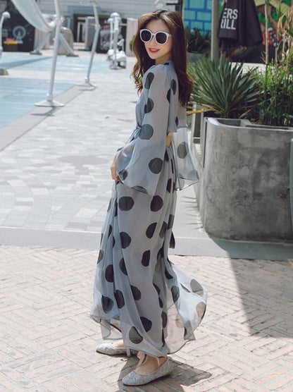 Light-blue Polka-Dot Chiffon Flared Sleeves Wide Leg Jumpsuits