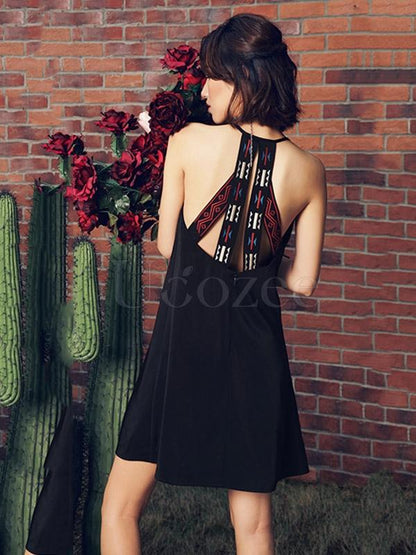National Embroidered Hollow Spaghetti-neck Mini Dress