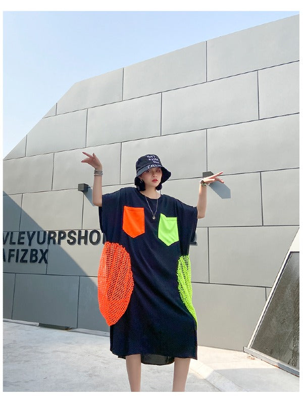 CHIFFON CONTRAST COLOR ASYMMETRIC LONG BLOUSE