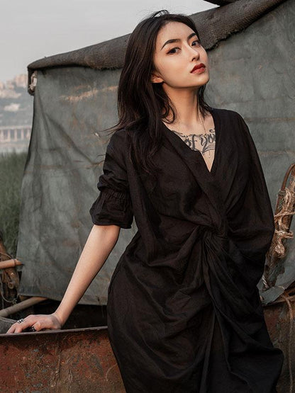 Solid Ruffled Split-Side Short Sleeves Dress