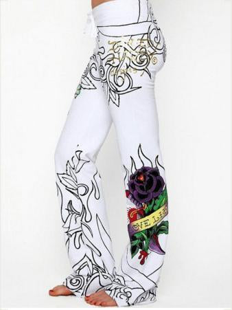 Rose Skull Pattern Hem Wide Leg Bottom Casual Pants