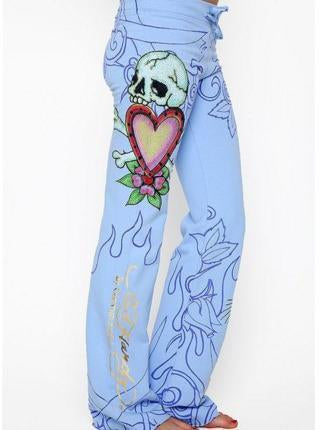 Rose Skull Pattern Hem Wide Leg Bottom Casual Pants