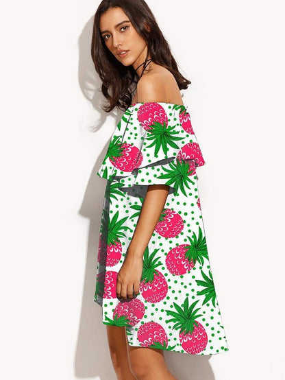 Flat Shoulder Pineapple Print Hi-low Mini Beach Dress