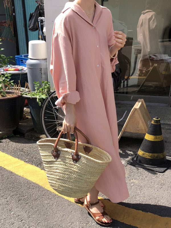 Casual Ramie Cotton Solid Color Buttoned Lapel Collar Long Sleeves Midi Shirt Dress