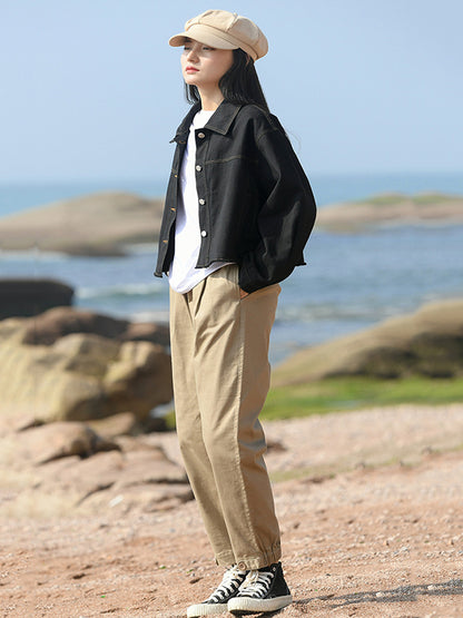 Casual Loose Long Sleeves Buttoned Solid Color Lapel Collar Jackets&Coats