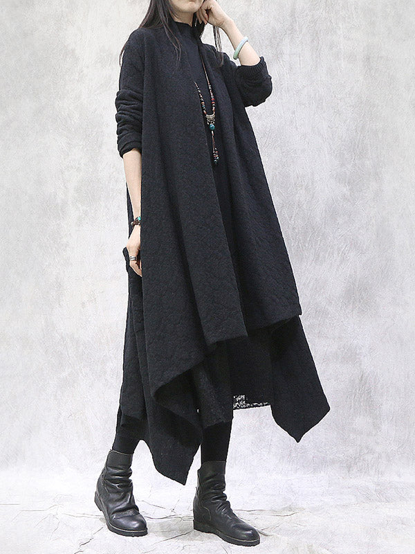 Artistic Retro Irregular Solid Color Split-Joint With Pocket Long Sleeves Cardigan Outwear