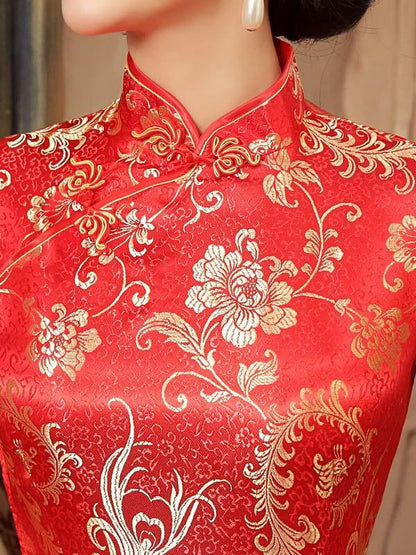Red Gold-flower Print Split-side Long Cheongsam