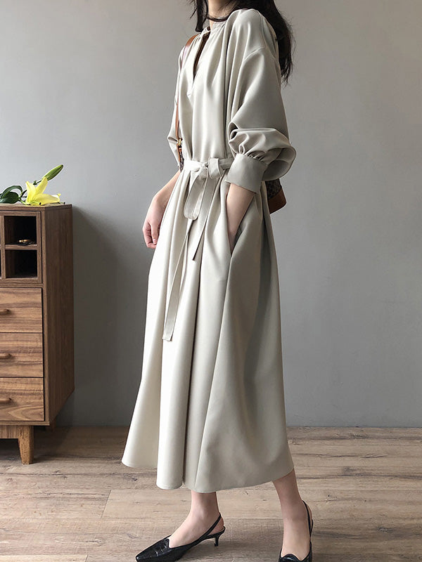 Urban Simple Solid Color Pleated Tied V-Neck Long Sleeves Midi Dress