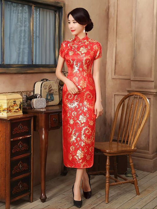 Red Gold-flower Print Split-side Long Cheongsam