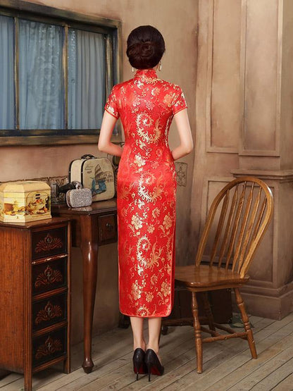 Red Gold-flower Print Split-side Long Cheongsam